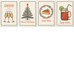 Festive Christmas Cards with Drinks and Tree Keywords: christmas, holiday, greeting card, cheers
