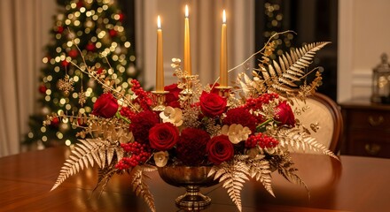 Luxurious red roses with golden foliage, tall candles, elegant holiday décor, warm glowing lights, sophisticated Christmas celebration centerpiece on a refined table.

