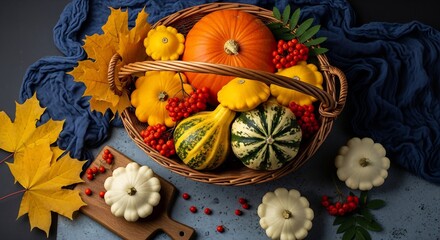 Overhead view of autumn harvest basket filled with pumpkins, gourds, red berries, and yellow maple leaves on a dark background.
