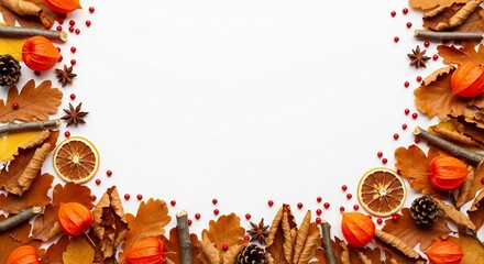 Autumn border frame made of oak leaves, physalis, berries, and star anise on white background with copy space.