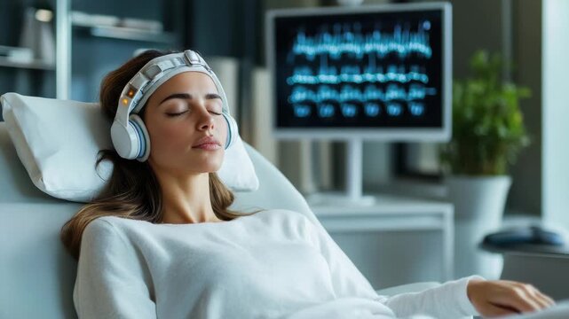 Young woman wearing neurofeedback headset and headphones relaxing with closed eyes during therapy