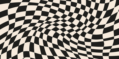 Psychedelic wavy background with black and white distorted checker pattern in groovy abstract style. Psychedelic checker horizontal background with optical curved motion. Vector illustration