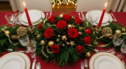Elegant Christmas table centerpiece with red roses, gold ornaments, lush green pine leaves, warm holiday lights, festive dinner setting, soft bokeh background.
