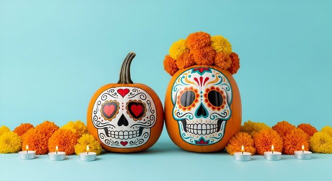 Two decorated pumpkins featuring sugar skull Calavera art, marigolds, and lit candles against a light blue background for Día de Muertos. - Powered by Adobe