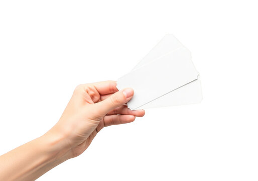 Hand holding three blank white cards isolated on transparent background, ready for your message or design
