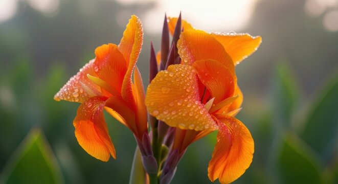 Vibrant orange canna lily flower in soft morning light