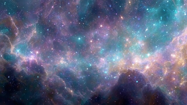 A mesmerizing digital wallpaper of a colorful galaxy nebula with purple and teal gas clouds filled with bright sparkling stars