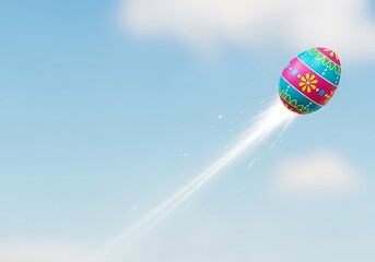 Obraz premium Colorful Easter egg flying through blue sky with clouds 