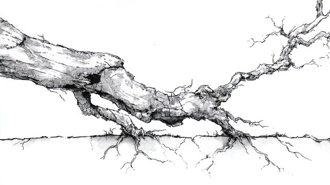 Artistic ink sketch of a gnarled tree branch extending horizontally with roots visible