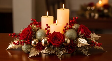 Cozy Christmas candle arrangement with red roses and berries, winter holiday floral decor, warm festive celebration theme.
