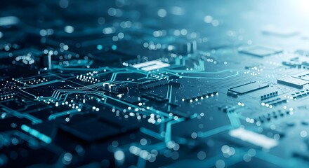 Abstract electronic circuit board with integrated components and blue lighting effects