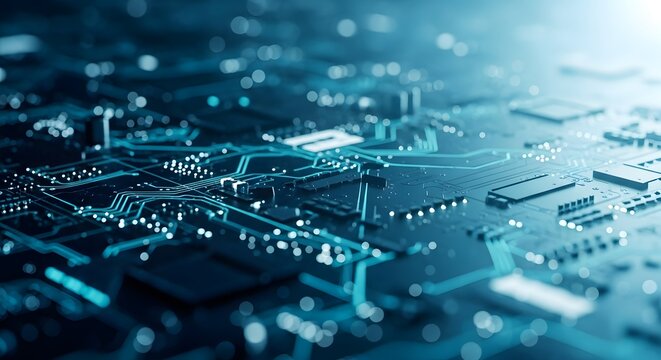Abstract electronic circuit board with integrated components and blue lighting effects