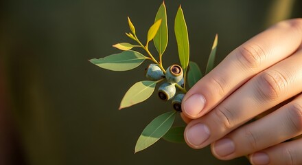 Person holding fresh olive branch with green leaves and berries  