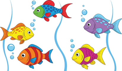 Naklejka premium Colorful Fish Swimming in the Water with Bubbles a Delightful Aquatic Scene.