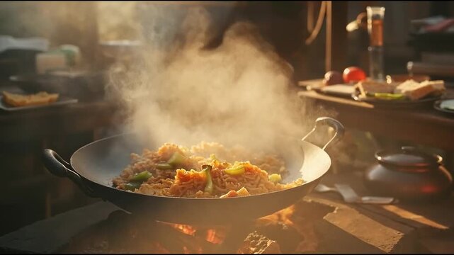 Fideos salteados con vegetales en cocina r&uacute;stica al fuego de le&ntilde;a