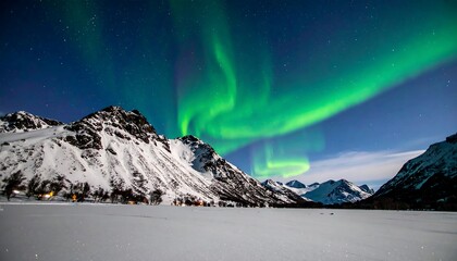 Green aurora borealis dances above a snow-covered landscape with mountains under a dark blue starry night sky