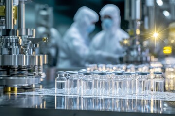 Pharmaceutical Vaccine Production in Modern Laboratory. Automated laboratory innovations in pharmaceutical manufacturing cleanroom biotechnology enhancements. High quality