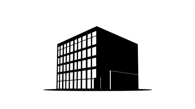 Black solid fill illustration of a sleek corporate headquarters building with a modern architectural design, minimal lines and a logo-like appearance, featuring a dark tones color scheme, with a bold 