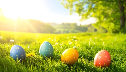 Decorated Easter eggs nestled in bright green grass under the radiant sun on a beautiful spring day