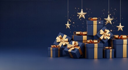 Elegant Blue and Gold Gift Boxes with Hanging Stars.
