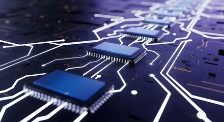Computer circuit board with microchips and glowing traces in a futuristic design