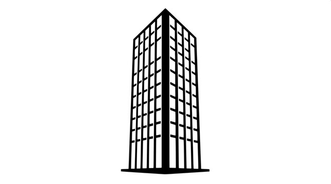 High-contrast architectural icon resembling a tall office block with sleek lines and sharp edges, rendered in solid black with no visible texture, set against a pristine white background that accentua