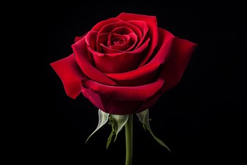 Naklejka premium A vibrant red rose stands centered against a stark black background, illuminated with soft lighting.