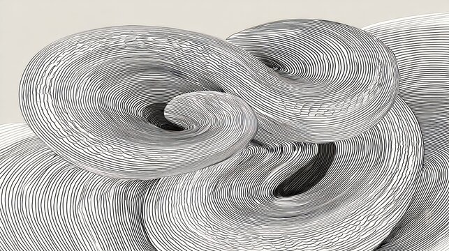 Monochrome artwork featuring flowing, textured forms composed of dense, parallel lines