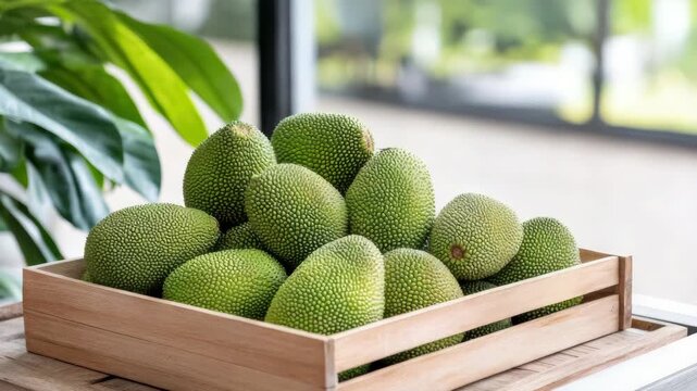Fresh green jackfruit piled wooden crate table with tropical leaves and natural texture
