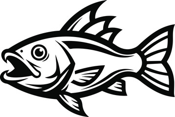 Detailed black and white illustration of a fish with open mouth and fins.