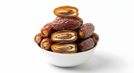 Sweet, dried dates piled high in a white bowl, offering a healthy and delicious snack.
