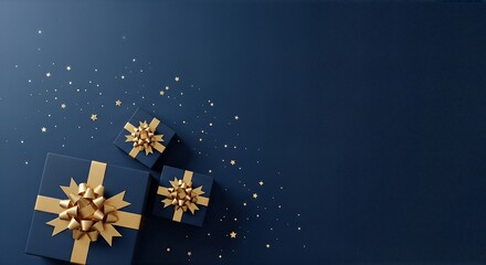 Elegant Gift Boxes with Gold Bows on Dark Blue Background.