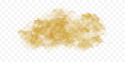 Fototapeta premium Flying dust cloud with sandy particles on transparent background. Realistic brown sand effect for desert storm scenes and dirt splash overlays.