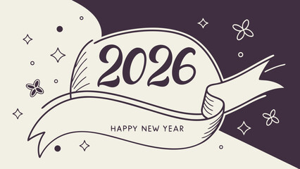 Illustration of happy new year 2026 with ribbon, stars, and floral elements on a split background