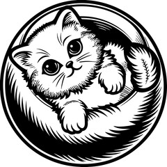 Adorable kitten curled up in a ball, a charming and heartwarming illustration of a cute feline in a playful pose, perfect for childrens books, petthemed designs, and delightful animal art projects