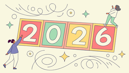 Illustration of the year two thousand twenty six with two people interacting with the blocks