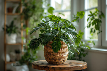 Lush, vibrant houseplant in a woven basket pot on a wooden table, creating a cozy and fresh indoor jungle aesthetic near a sunny window.