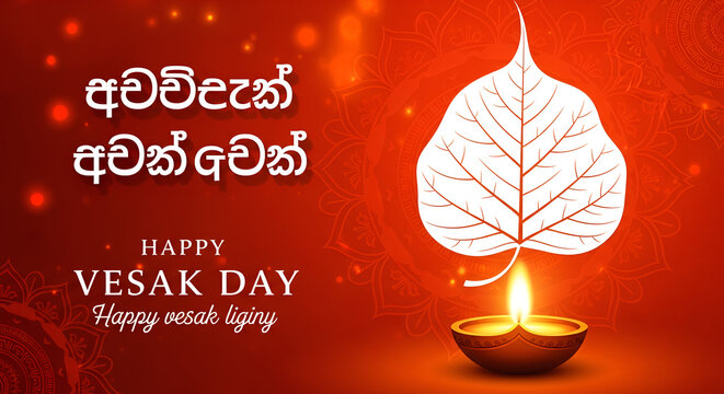 Happy Vesak Day: Sinhala Wishes Social Media Post, Bodhi Leaf, Traditional Oil Lamp, Buddhist Festival Celebration