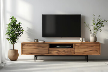 Modern, minimalist living room setup featuring a mounted TV screen above a sleek wooden media cabinet on a white wall, flanked by indoor plants, creating a clean and comfortable interior.