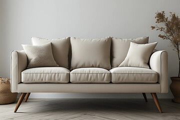 A comfortable three-seater sofa with clean lines and soft beige cushions on wooden legs, placed against a neutral wall in a modern minimalist living room setting with natural decor elements.