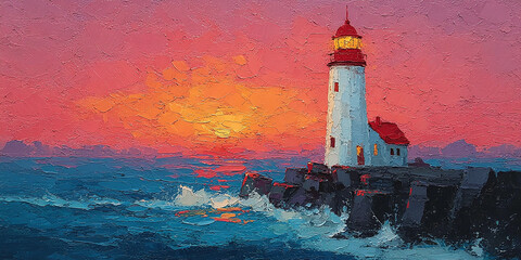 Vibrant oil painting of a lighthouse on a rugged coast at sunset, with powerful ocean waves, depicting serene maritime beauty