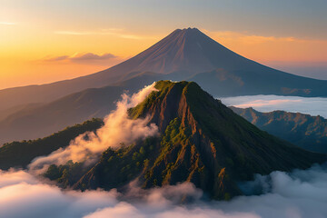 Majestic view of a volcanic mountain peak rising above a sea of clouds at sunrise, with rugged foreground hills bathed in warm golden light, conveying breathtaking natural beauty and serenity.