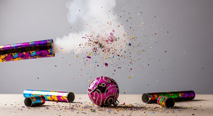 Party popper mid-explosion with confetti suspended in air. Christmas ornament and more poppers on table below.  Colorful confetti cannon burst action shot, vibrant festive scene