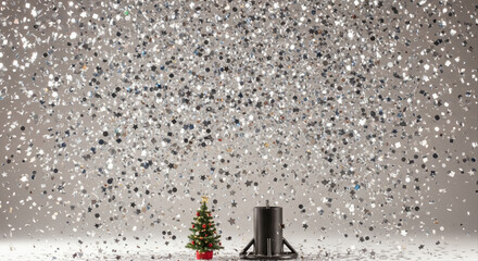 Metallic confetti in mid-air creating a cloud effect. Small Christmas tree and cannon base on the ground.  Confetti cannon burst action shot, festive silver explosion