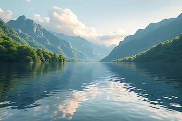 A breathtaking vista of a calm, reflective mountain lake or fjord, flanked by dramatic steep slopes covered in lush greenery under a clear sky, embodying tranquility and majestic nature.