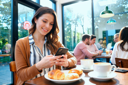 Caucasian young adult woman sitting at cafe table using smartphone while smiling, croissants and coffee on table, group of young adults talking in background near large windows - Powered by Adobe