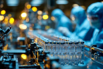 Pharmaceutical Vaccine Production in Modern Laboratory. Automated laboratory innovations in pharmaceutical manufacturing cleanroom biotechnology enhancements. High quality