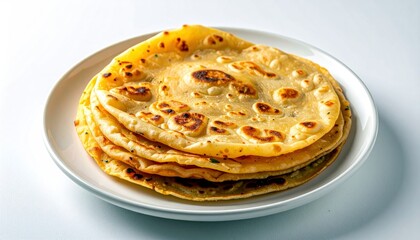 A stack of several golden-brown, freshly cooked parathas are presented on a clean white plate, showcasing their textured surface and slightly puffed appearance.