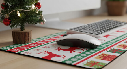 Computer mouse on desk with festive mousepad underneath. Small Christmas tree and keyboard edge visible. Festive holiday email signature banner design, red green decor