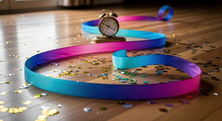 Flowing dance ribbon on wooden floor in curved shape. Small clock showing midnight and confetti scattered around. Ecstatic New Year Dance Movement, Colorful Ribbon, Confetti, Clock
